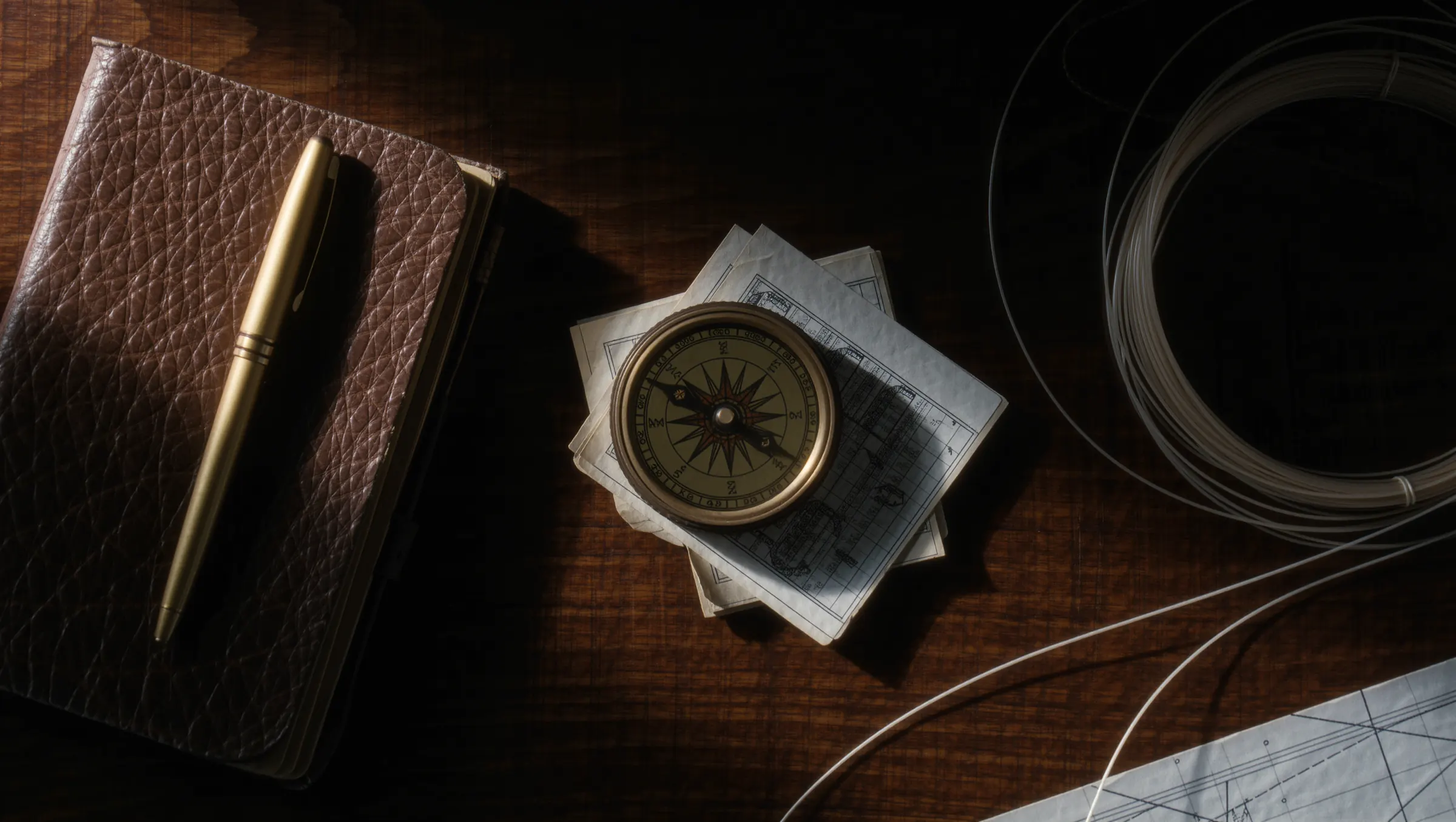 A brass compass on folded tide tables beside a leather field notebook, lit by one low window